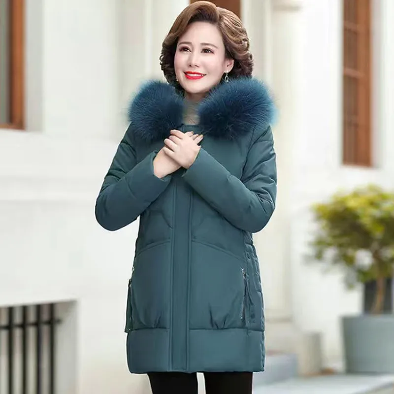Enlarge XL-5XL New Fashion Cotton Padded Jacket Women Winter Fur Collar Hooded Coat Thicken Snow Wear Warm Parkas Mother Overcoat