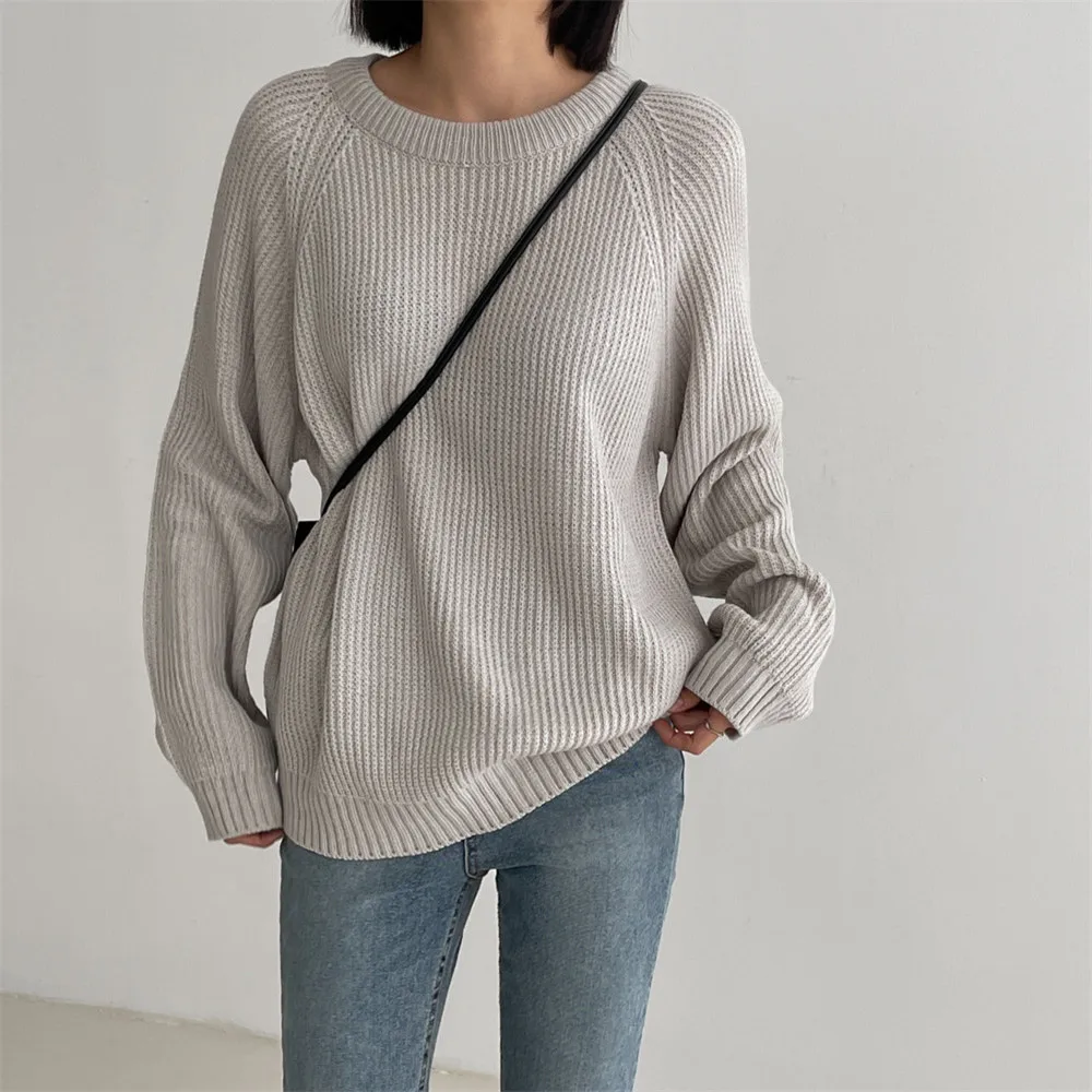 

Women's Knit Sweater Solid Color Round Neck Drop Shoulder Pit Stripe Loose Temperament Autumn Spring Ladies Fashion Long Sleeve