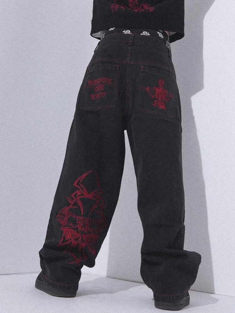 

Джинсы Y2K в стиле хип-хоп, Черные Мешковатые джинсовые брюки в стиле ретро с эффектом потертости и черепа, новинка 2023, модные повседневные свободные брюки в стиле Харадзюку с широкими штанинами, уличная одежда