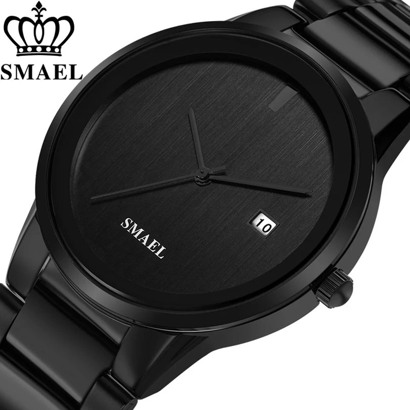 

Часы SMAEL Мужские кварцевые аналоговые, люксовые брендовые простые черные наручные, из нержавеющей стали