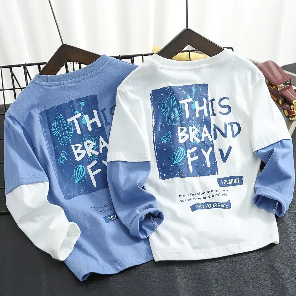 

Boys' long sleeved T-shirt 2022 Autumn Children's Medium Size Children's Fake Two Piece Top Round Neck Pullover Undercoat