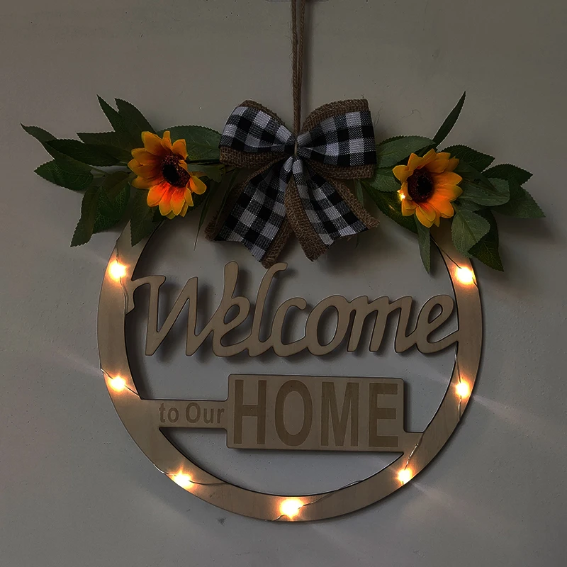 Welcome Hello Sign Wreath Door Hanging With LED Light Spring Sunflower Artificial Home Wedding Party Decor |