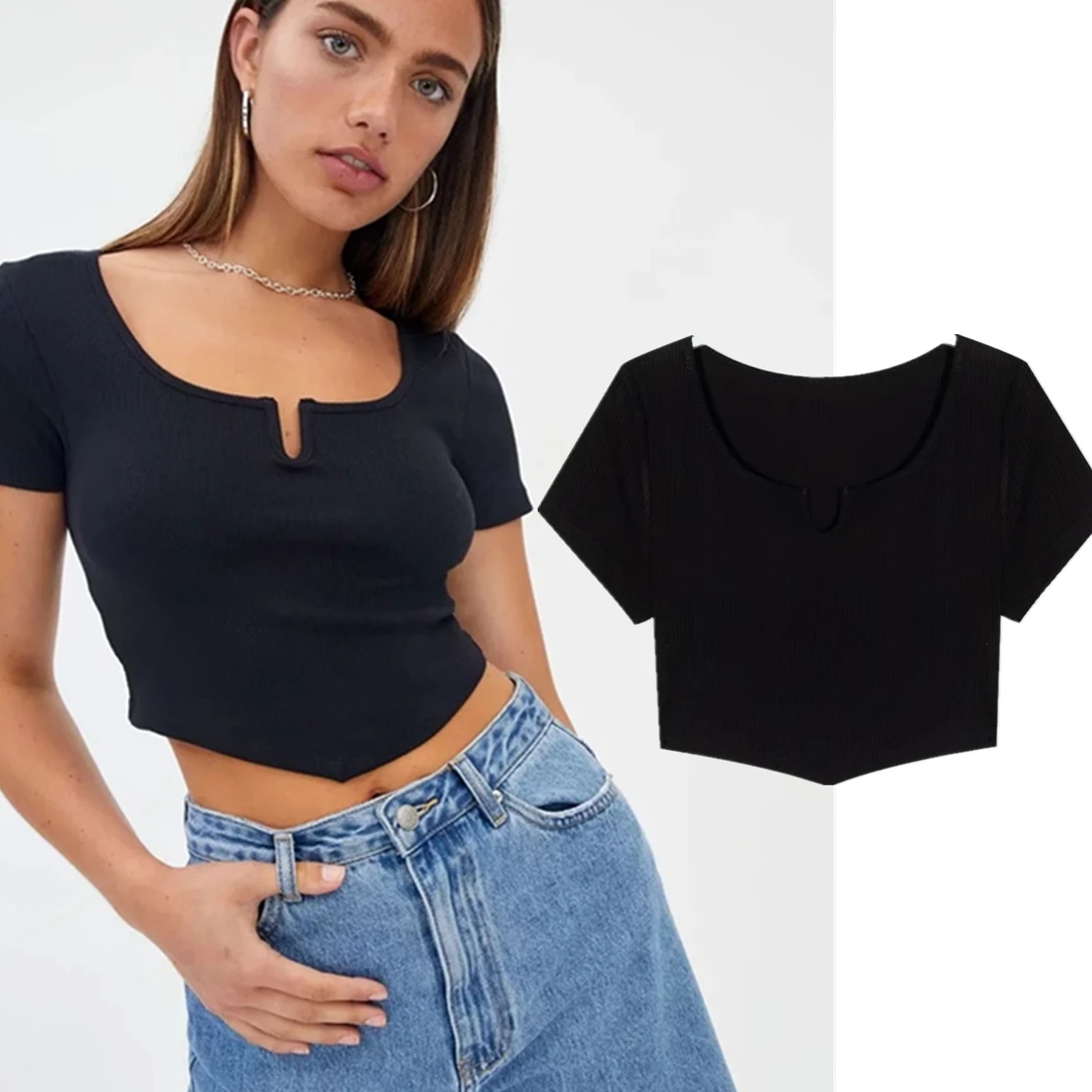 

Withered Ins Fashion Blogger High Street Pure Cotton Color V-neck Sexy Crop Tops Short Summer Tshirts Women