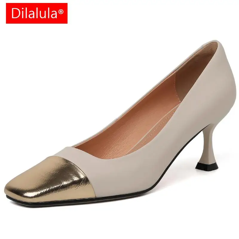 

Dilalula Spring Summer Fashion Elegant Women Pumps Mixed Colors Square Toe Thin Heels Genuine Leather Shoes Woman Office Party