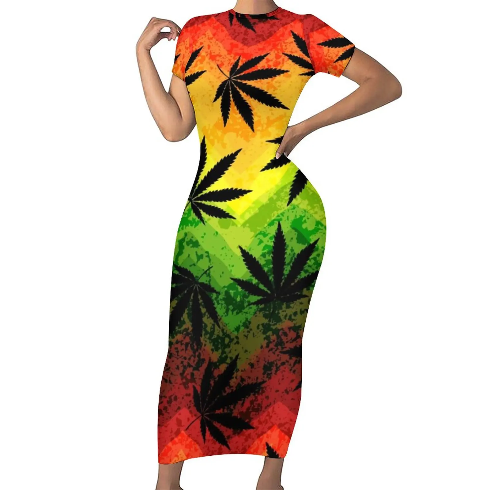 

Красочное облегающее платье из марихуаны, летние кавайные Макси-Платья из конопли, женское платье с коротким рукавом и графическим принтом,...