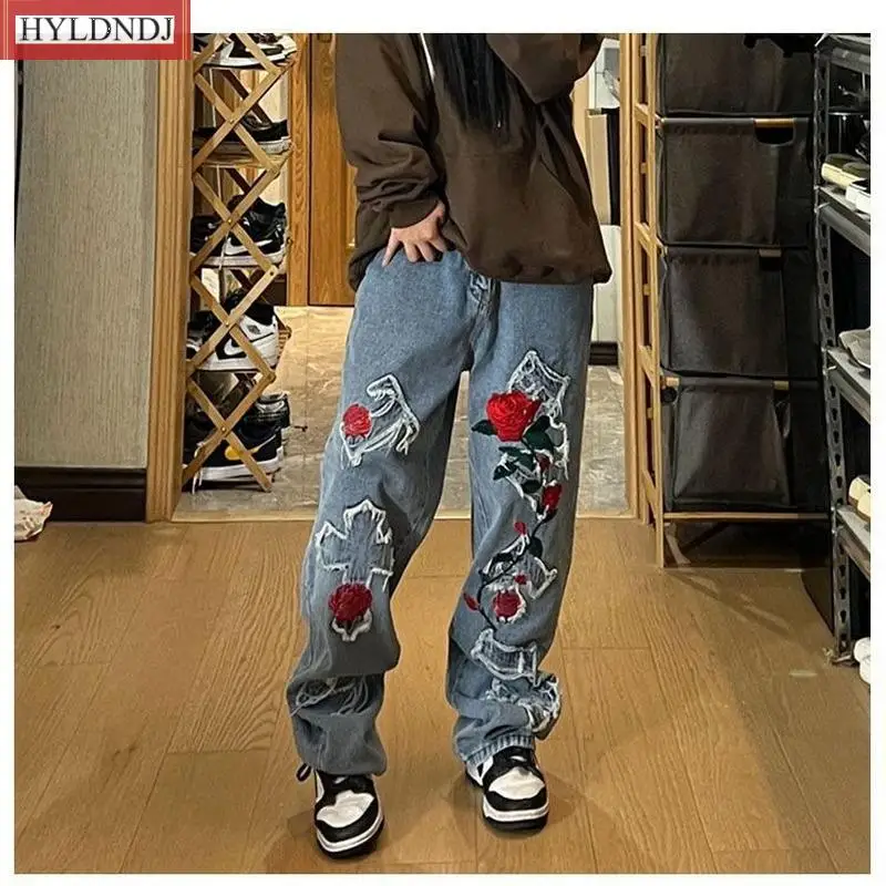 New Embroidered Jeans Woman Oversized Retro Street Baggy Jeans American Casual Distressed Mid Waist Pants