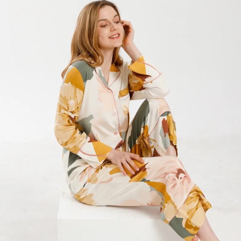 2022 New Spring Summer Satin-like Cotton Pajamas Set Women High Quality Pint Cardigan Homewear Full Sleeve Night Sleep Pants