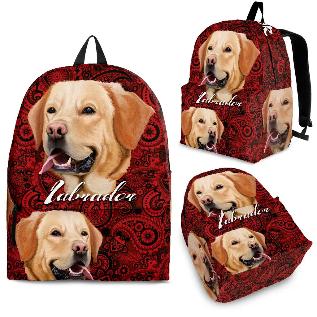 

YIKELUO Fashion Red Boho Cashew Flower Labrador 3D Backpack Youth Laptop Bag With Zipper Dog Lovers Pet Dog Gift Bag Knapsack