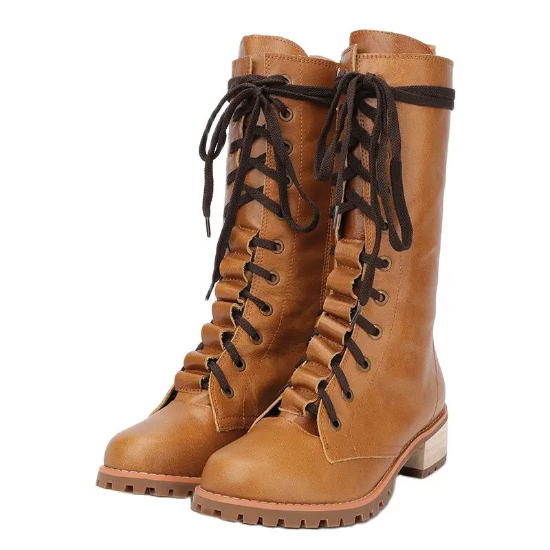 

2022 Retro Round Toe Mid-Calf Boots Cross-Tied Chunky Heels Women Shoes Side Zipper Casual Concise Fashion Vintage Female Shoes