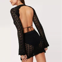 women sexy knitted cutout backless mini dress long sleeve round neck patchwork casual club party beach bodycon dress