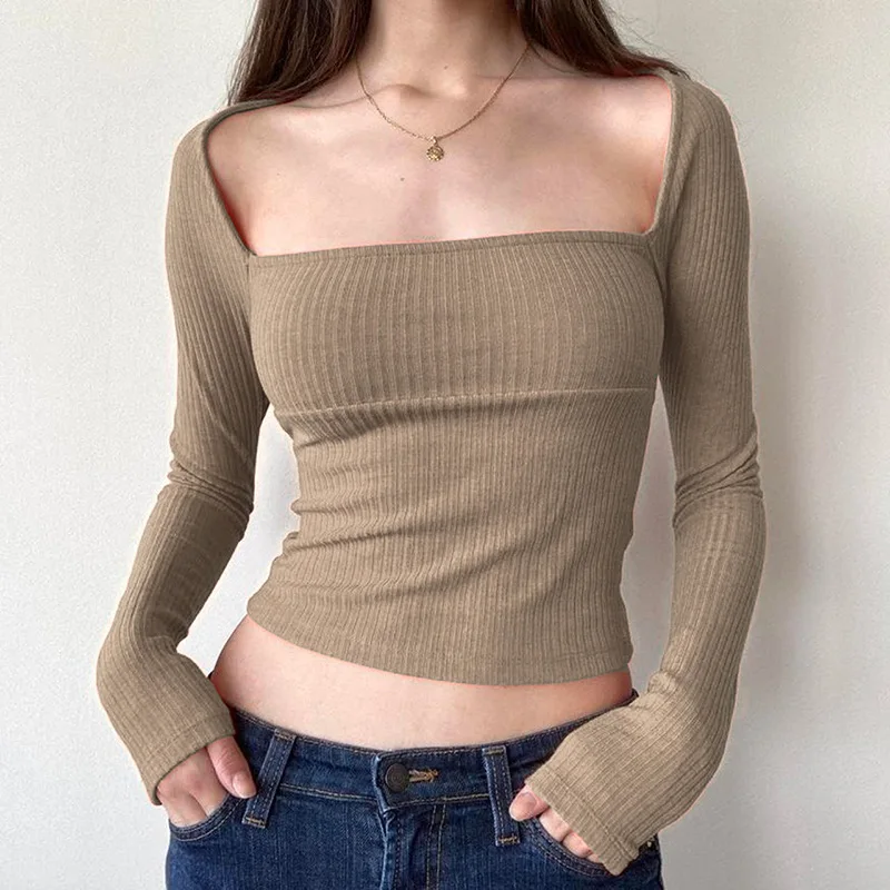 

Gentle Splicing Generous Collar Exposed Collarbone Knitted Top Autumn/Winter New Solid Color Outer Wear Versatile Thin T-shirt