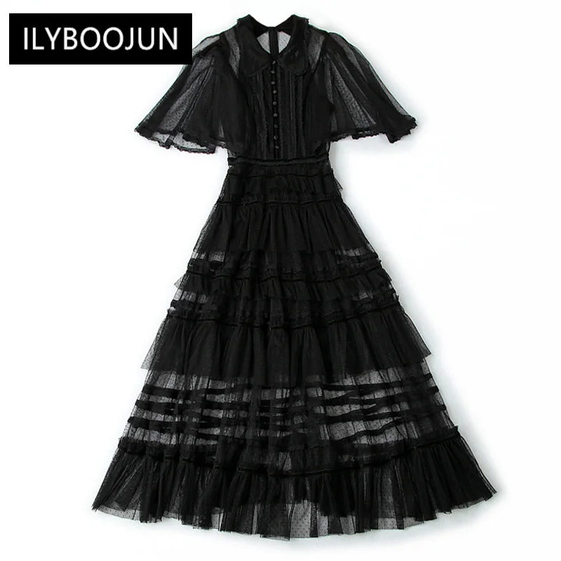 

Dresses For Women 2023 Luxury Party Summer Black Dress Flare Sleeve Single Breasted Mesh Ruffles Patchwork Elegant Office Lady