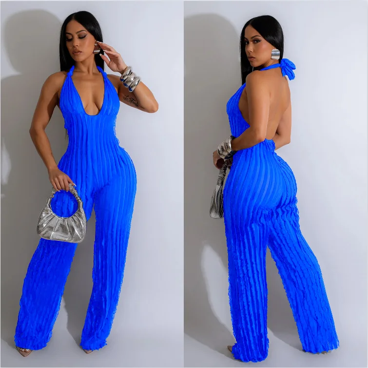 Модный женский комбинезон с оборками глубоким V-образным вырезом открытой спиной