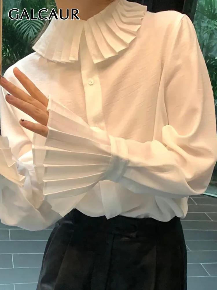 

GALCAUR Plain Shirt For Women Lapel Flare Sleeve Straight Loose Korean Elegant Blouses Female 2022 Spring Fashion Clothing New