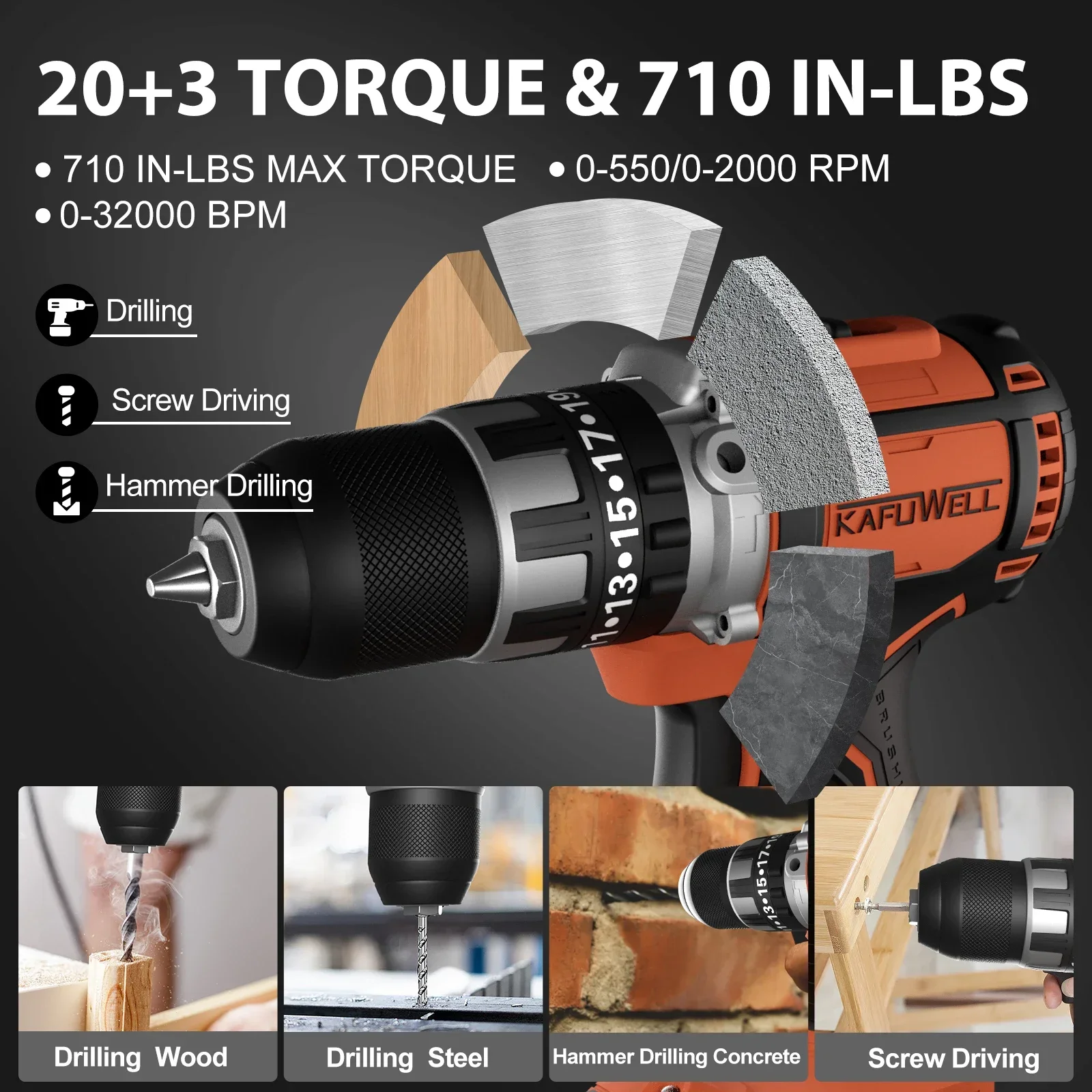 Элегантная беспроводная дрель KAFUWELL PA4541H с регулируемой скоростью 20 в литиевая