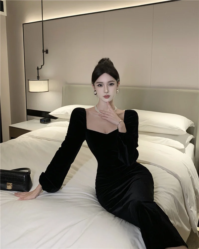 Черное бархатное платье с длинными рукавами в стиле ретро Hepburn Sle женское