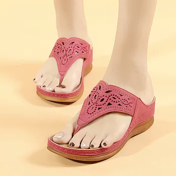 Tops Embroidery Shoes Slippers Women Summer Slip-On Wedges Beach Open Toe Breathable Sandals T Strap Rivet Pumps Shoes Sandals 1