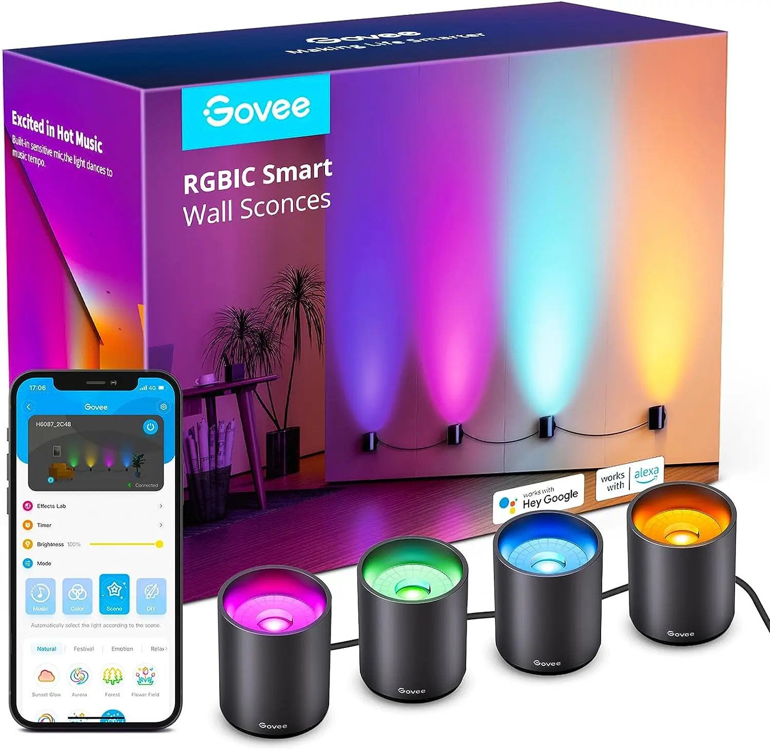 

Smart Sconces, Music Sync Home Decor WiFi Lights Work with Alexa, Multicolor Led Light for Party and Decor, 30+ Scene Indoor