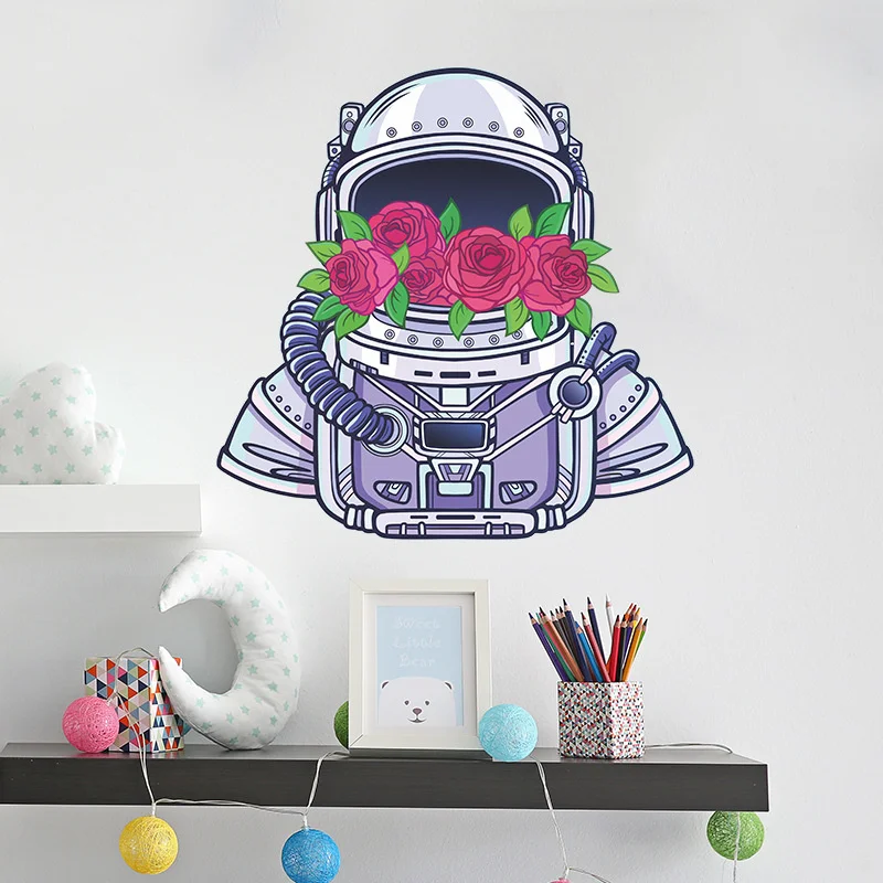 

Romantic Cartoon Astronaut Rose Bouquet Bedroom Porch Wall Stickers Home Wall Decoration Wallpaper Creative Paste Self-adhesive