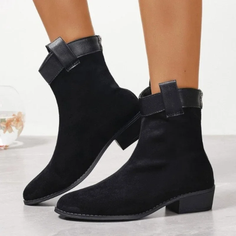 

Новинка 2023, женские ботильоны на низком каблуке, однотонные женские ботинки, женская повседневная обувь большого размера на квадратном каблуке для осени и зимы