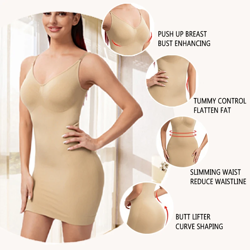 Women Full Slips Shapewear Bodysuit for Under Dresses Tummy Control Body Shaper Slimming Underwear V Neck Bodycon Lingerie