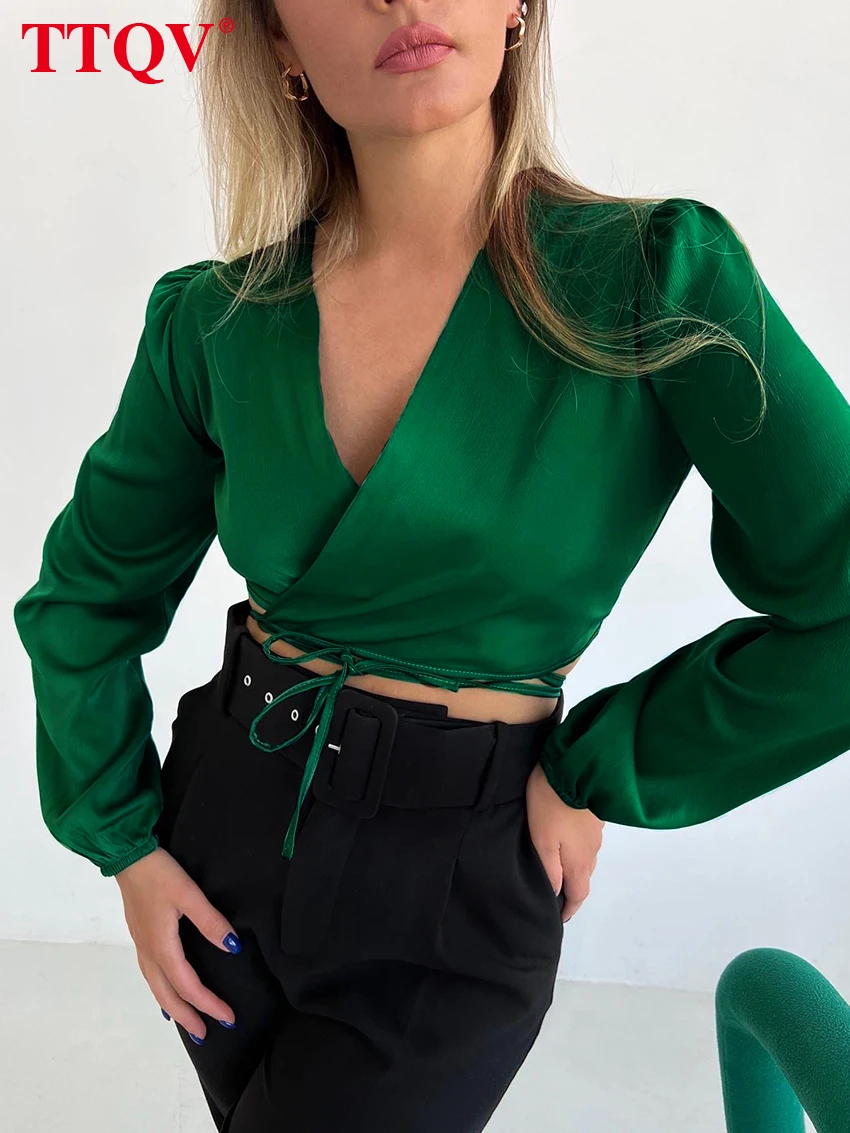 

TTQV Sexy V-Neck Green Fashion Woman Blouses 2022 Bodycon Lace-Up Long Sleeve Shirts Elegant Slim Satin Tops Female Clothing