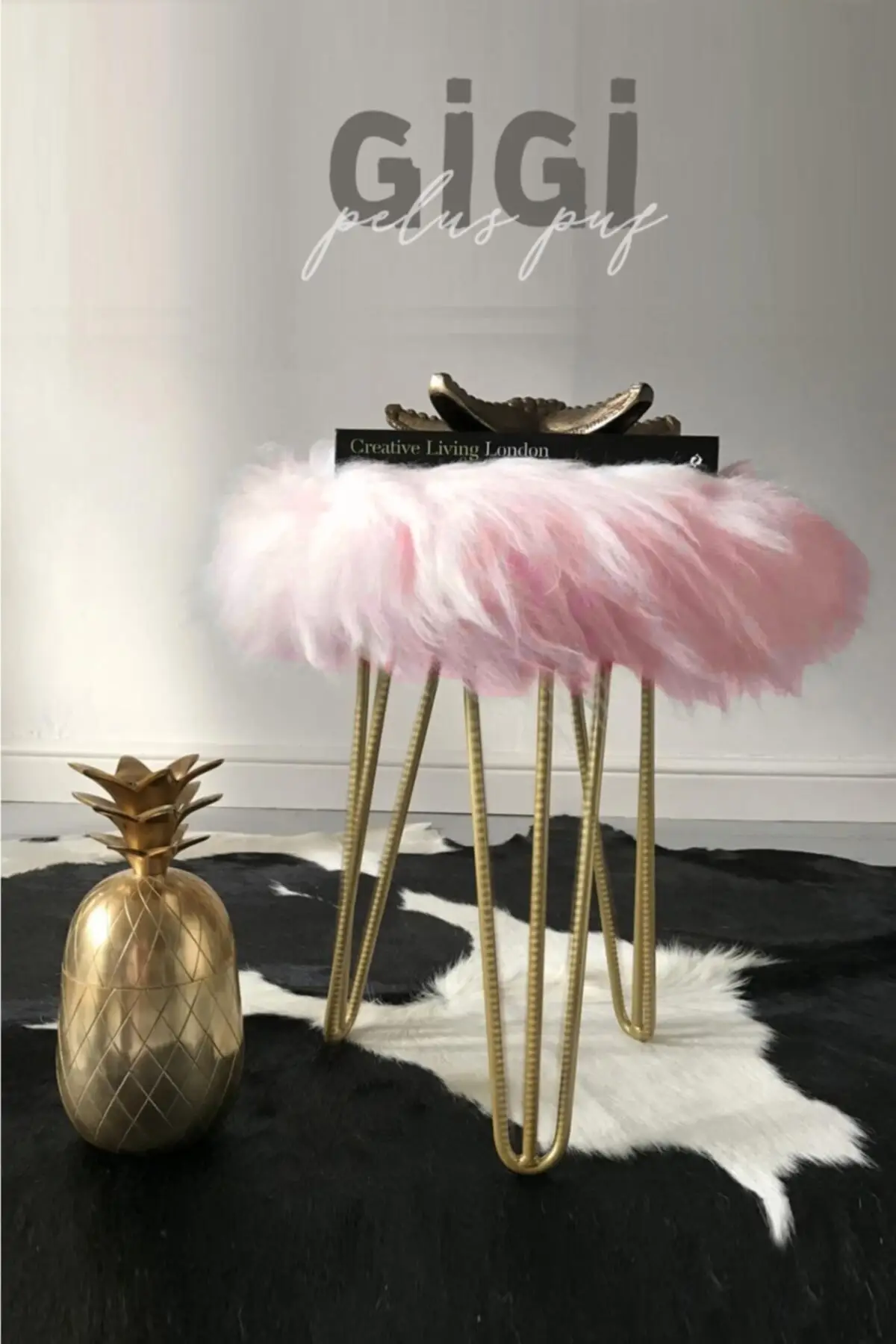 Gigi Pink Plush Gold Footed Puff