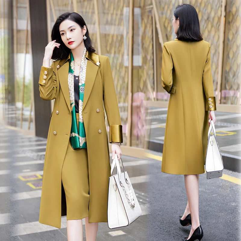 

Autumn Winter Korean Women Black Trench Blazer Coat Elegant Double Breasted Lengthened Khaki Jacket Lapel Windbreaker Female