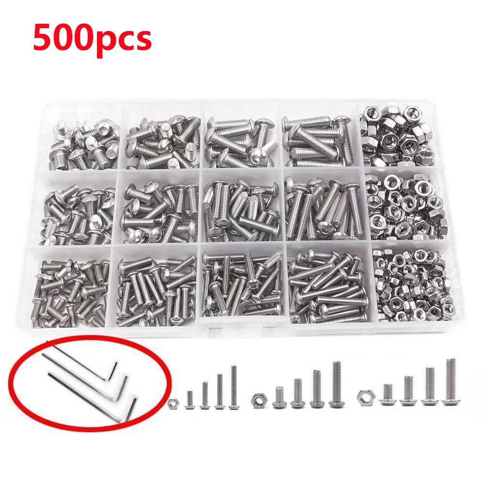 

500pcs Assorted M3 M4 M5 High Quality 304 Stainless Steel Hex Screws Nuts And Socket Bolts Kit