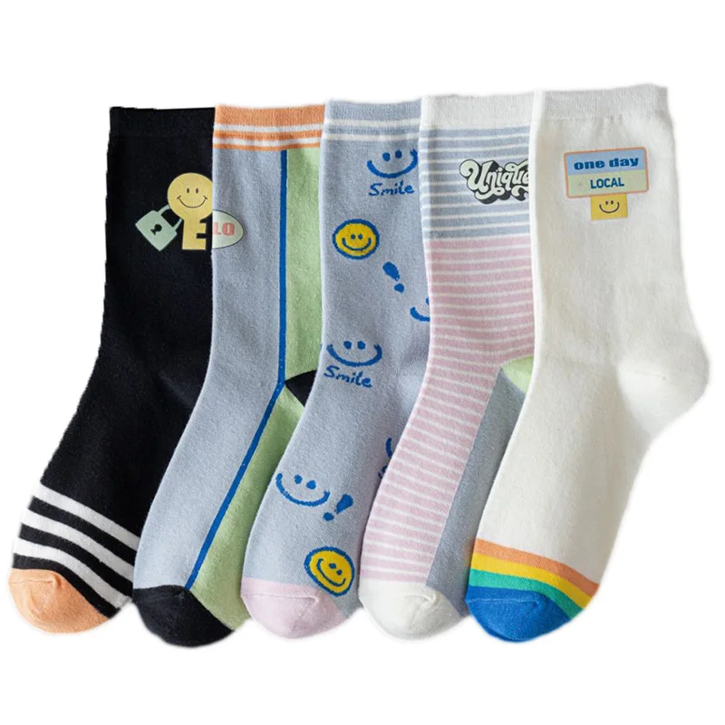 

2 Pairs Korean Style Women Socks Cartoon Smiley Print Pure Cotton Fashion Socks Stripes Long Winter Kawaii Middle Tube Socken