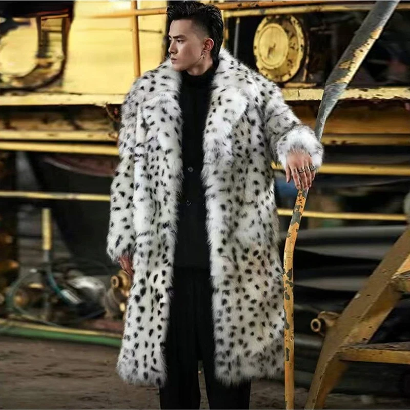 

Fur Coat Men Men's Leopard-print Faux for Fur Long Coat Winter Warm Windbreaker Fashion Casual Fit New Chic Mid Length Coats
