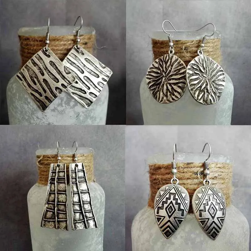 

Ethnic Tribal Carved Metal Geometric Alloy Drop Earrings Retro Antique Silver Color Hanging Dangle Earrings for Women Jewelry