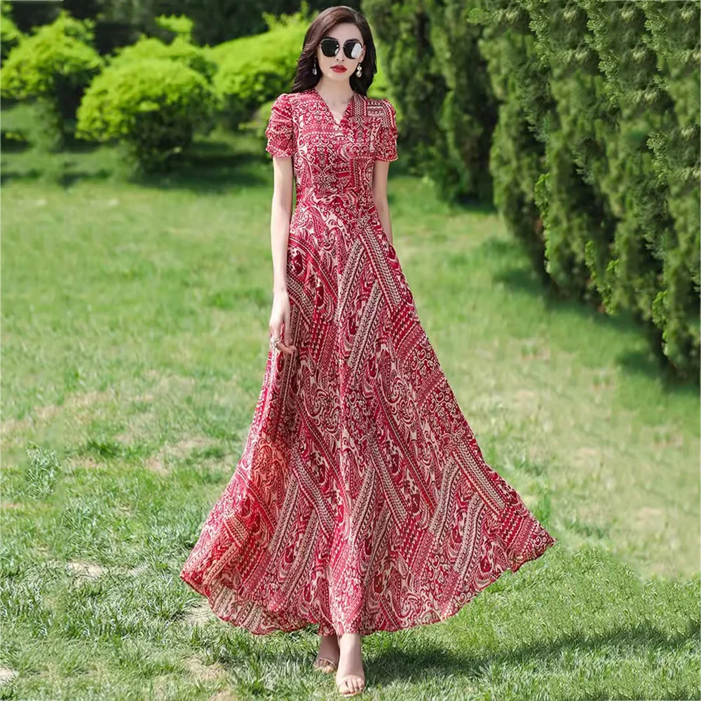 

Женское длинное платье с принтом, красное элегантное облегающее платье в национальном стиле с V-образным вырезом и коротким рукавом, лето