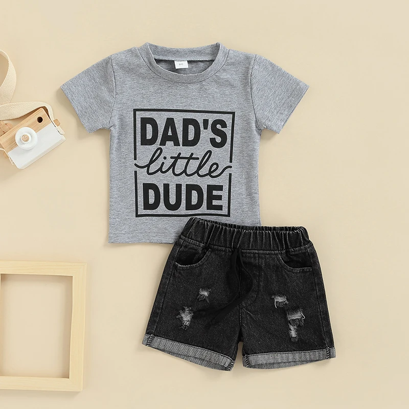 

Baby Boys Two-piece Pants Suit Grey Letters Print Round Neck T-shirt and Ripped Jeans Boys Clothes Costume