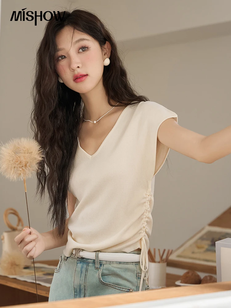 

MISHOW V-neck Drawstring T-shirt for Women Summer 2023 Flying Sleeve Shirring Tees Casual Fashion Female Solid Tops MXC38Z0093