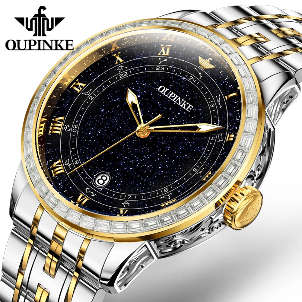 

OUPINKE Men's Watches Luminous Gypsophila Dial Diamond Luxury Waterproof Mechanical Steel Belt Import Business Watch Switzerland