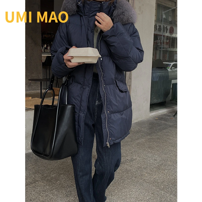 

UMI MAO Winter 2022 New Korean Version Fashion Real Fox Fur Collar Hooded Waist Warm Stand Collar Down Jacket Women Femme Y2K