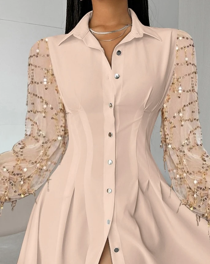 Женское Сетчатое платье-рубашка с блестками и бахромой длинное Повседневное