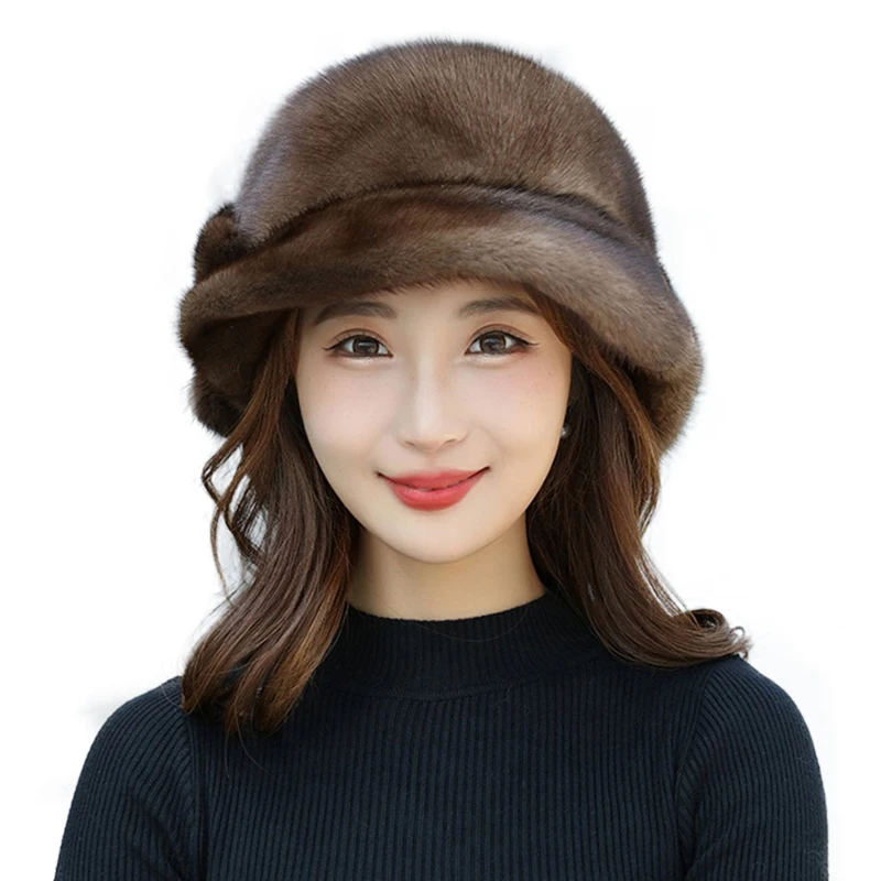 100% Real Mink Fur Hat Edamame Beanie For Girls Soft Thickened Furry Beret Ladies Hat Elegant Winter Outdoor Windproof  Warm Hat