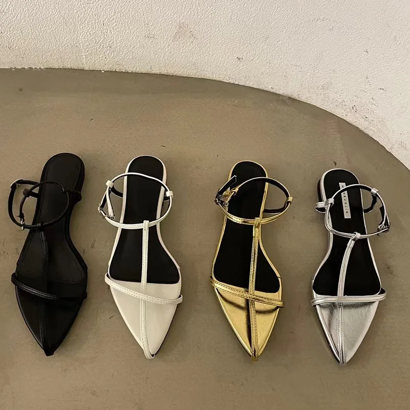 

Женские босоножки с пряжкой на щиколотке, золотистые сандалии-гладиаторы с узким ремешком и острым носком, новинка 2022