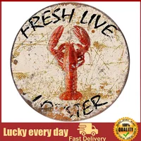 Round Metal Tin Sign Rustic Wall Decor Fresh Live Lobster Vintage Style Round Tin Sign, Retro Metal Round Tin Signs Decor Wall