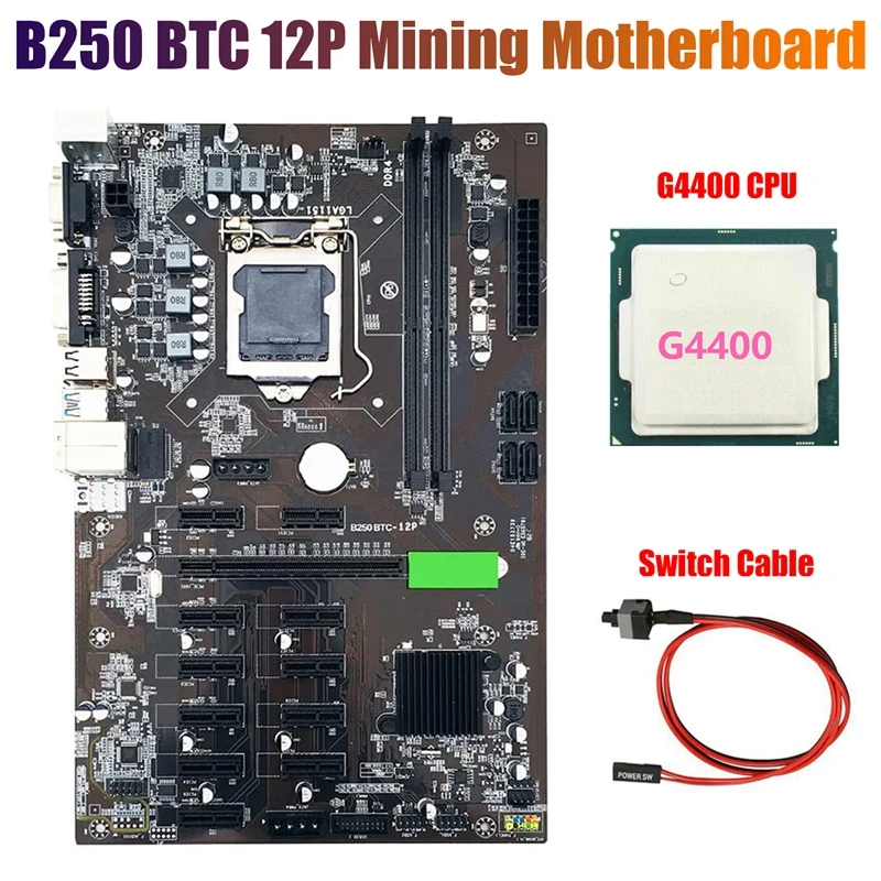 

B250 BTC Mining Motherboard with G4400 CPU+Switch Cable LGA 1151 DDR4 12XGraphics Card Slot USB3.0 for BTC Miner Mining