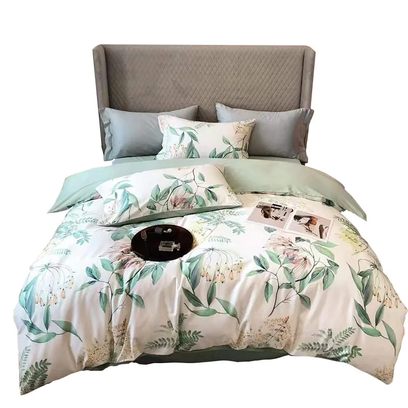 

100%Cotton Home Textile Bedding Set Leaf Pattern Luxury 4pcs Cover Bedsheet Pillow shams Queen King Size