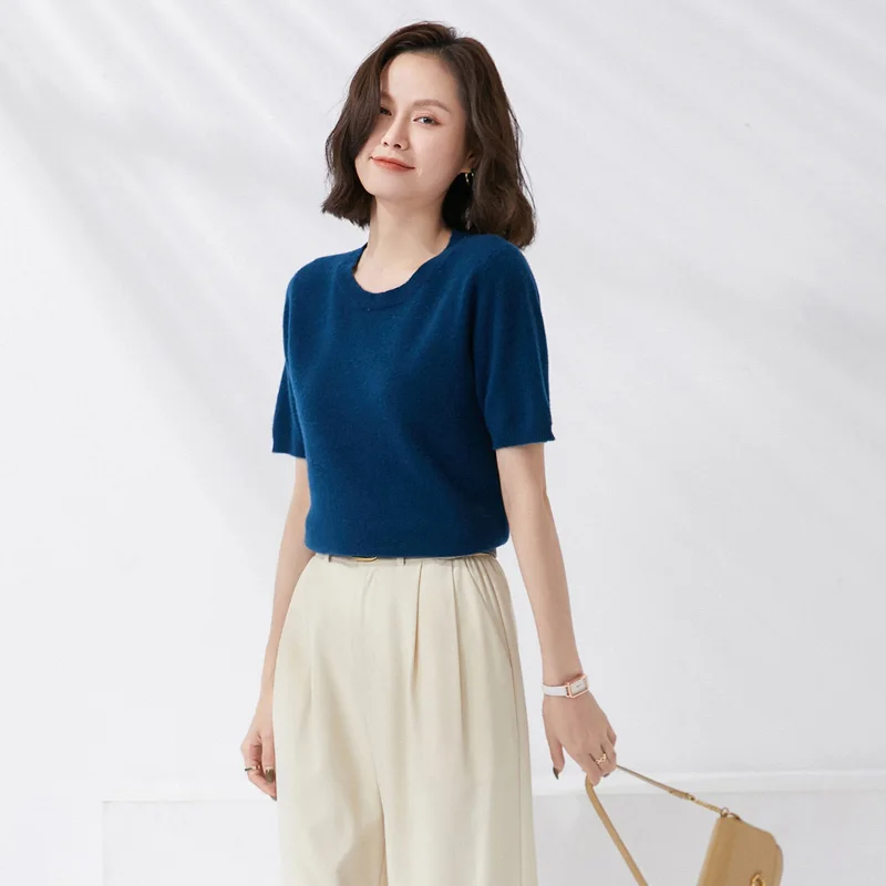 

Женская футболка с круглым вырезом, однотонный пуловер с коротким рукавом, Свободный Повседневный модный свитер, трикотажная базовая модел...