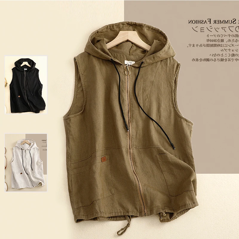 

Retro Cotton Hemp Hooded Drawstring Vest Women's Versatile Sleeveless Zipper Casual Coat