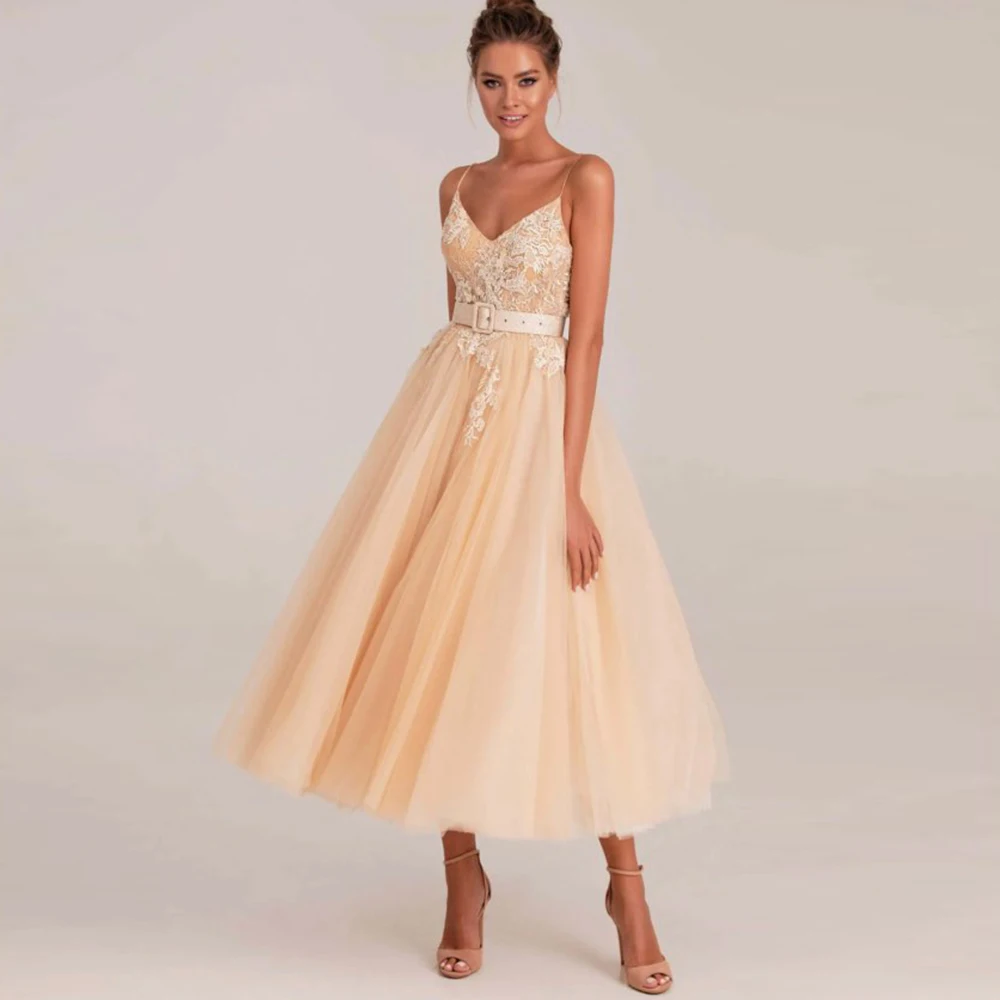 

Sexy V-neck Lace Applique Spaghetti Straps Evening Dresses Elegant Tulle Blet Foraml Party Dresses Dresses Ankle Length robes de