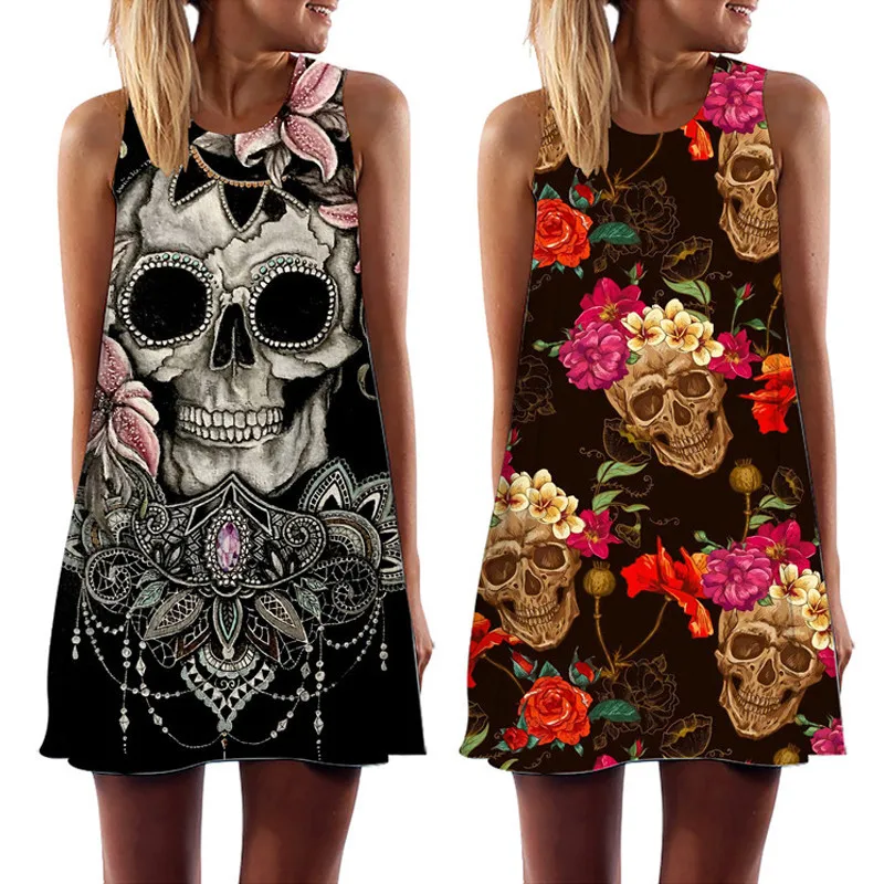 

2022 Summer Women Vest Dress Vintage Floral Skull Print O-Neck Sleeveless Mini Party Dress Casual Gothic Beach Sundress Vestidos
