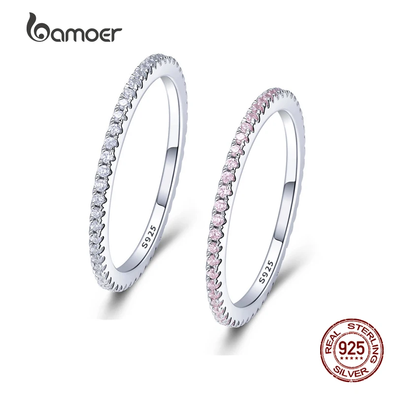 

BAMOER 925 Sterling Silver Pink Crystal Wedding Female Rings for Women Simple Geometric Ring Sterling Silver Jewelry SCR066