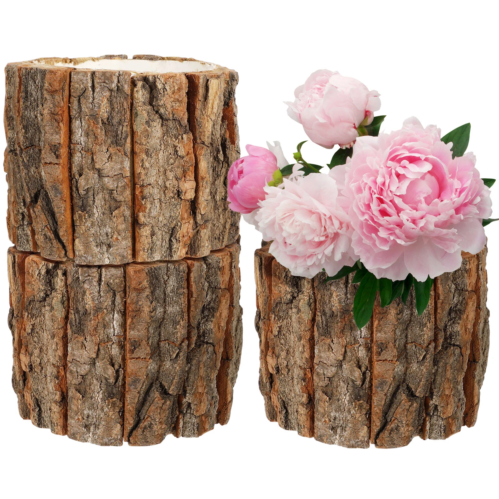 

3 Pcs Wooden Flower Pots Natural Wood Bark Flower Buckets Barrels Planters Rustic Containers Garden Home Decorations