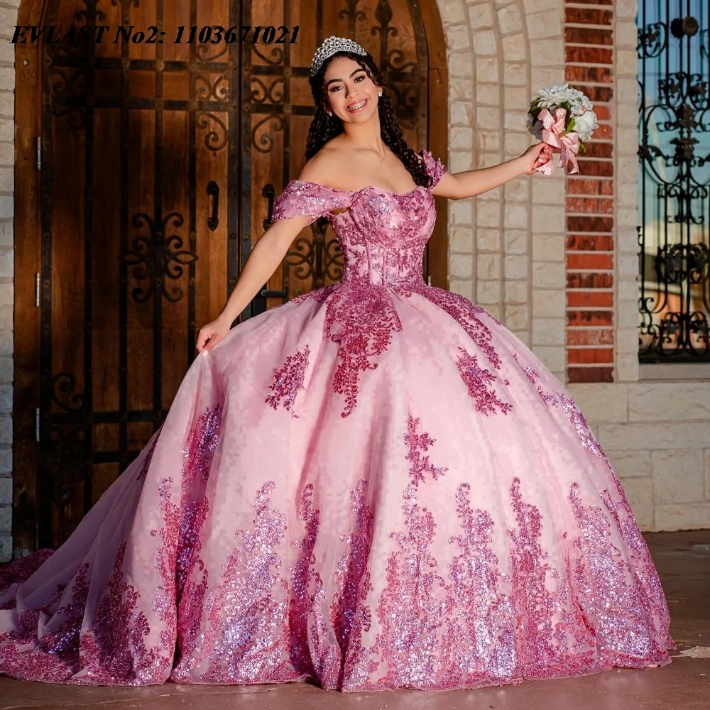 EVLAST Розовое платье Quinceanera по индивидуальному заказу бальное блестящая кружевная